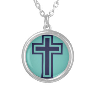 Blue Christian Cross Minimalist Faith Art Silver Plated Necklace