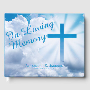 Blue Christian Cross White Clouds In Loving Memory Guest Book