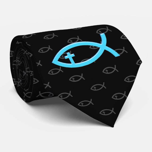 Blue Christian Fish Crucifix | Fellowship Neck Tie (Rolled)