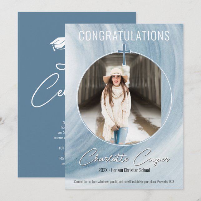 Blue Christian Graduation Photo Invitation (Front/Back)