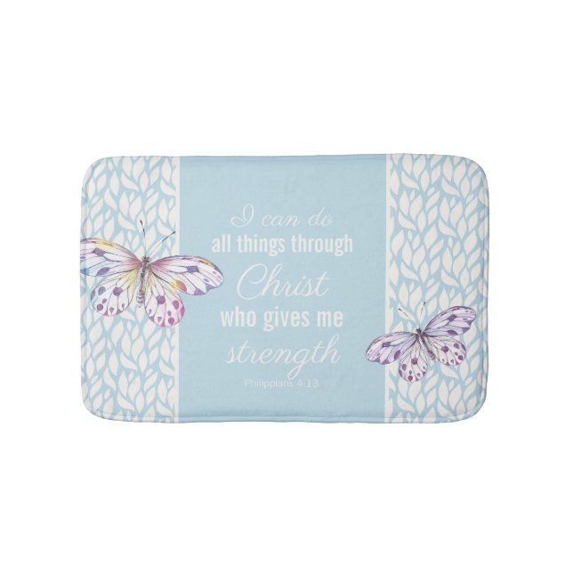 Blue Christian Philippians 4:13 Butterfly Bath Mat (Front)