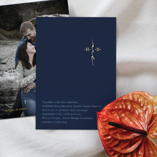 Blue Christian Wedding Initials Cross Gold Foil Invitation