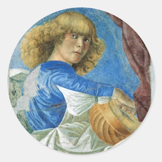 BLUE CHRISTMAS ANGEL MAKING MUSIC CLASSIC ROUND STICKER (Front)