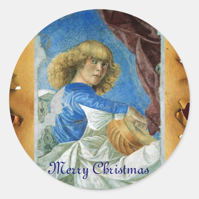 BLUE CHRISTMAS ANGEL MAKING MUSIC OLD PARCHMENT CLASSIC ROUND STICKER (Front)
