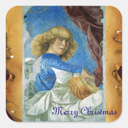 BLUE CHRISTMAS ANGEL MAKING MUSIC OLD PARCHMENT SQUARE STICKER