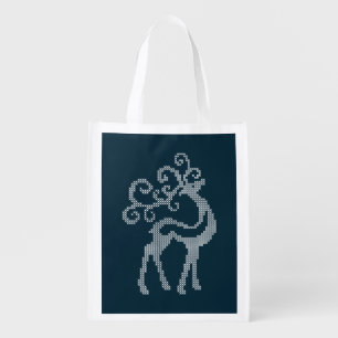 Blue christmas antlers knitted reindeer  grocery bag