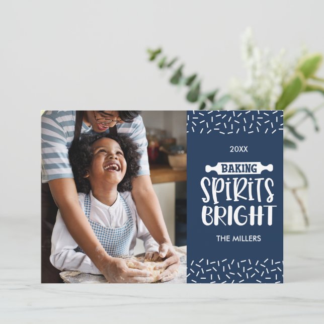 Blue | Christmas Baking Spirits Bright Photo Holiday Card (Standing Front)