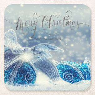 Blue Christmas Balls Bokeh  Square Paper Coaster