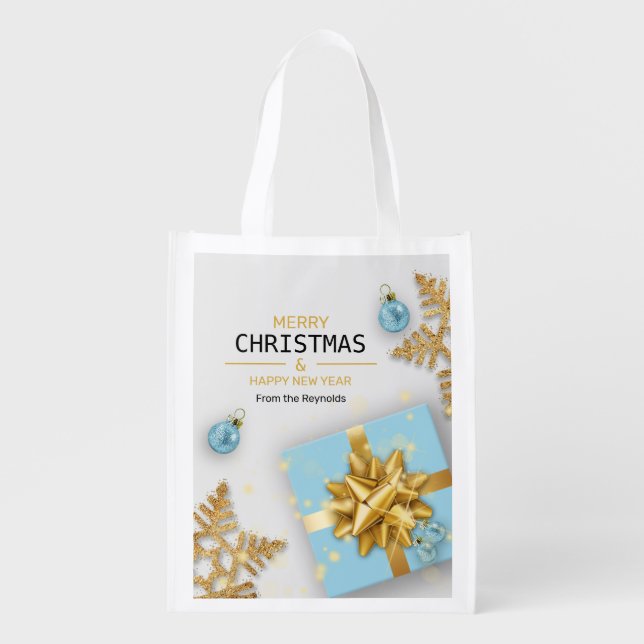 Blue Christmas Balls Gift Box Gold Snowflakes Grocery Bag (Front)