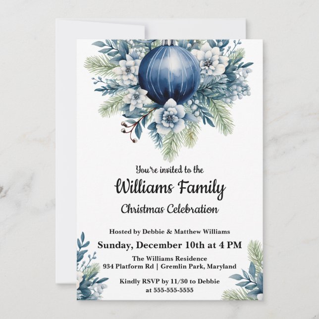 Blue Christmas Balls Holiday Party Invite (Front)