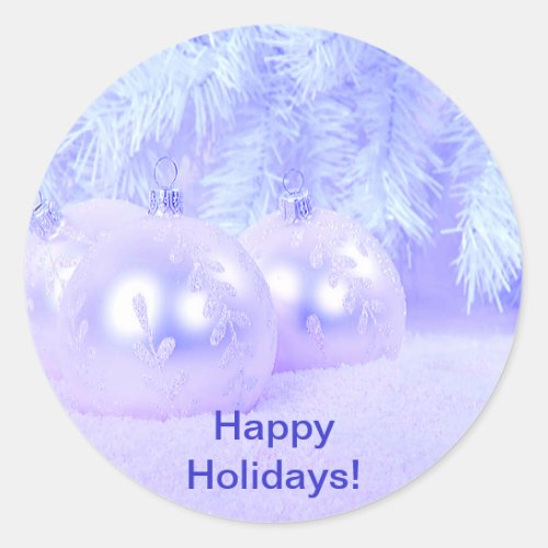 Blue  Christmas Balls on Snow with Blue Background Classic Round Sticker