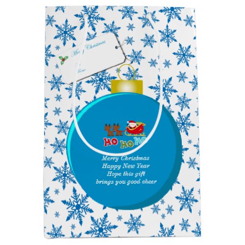 Blue Christmas Bauble Santa  Sleigh Snowflakes Medium Gift Bag