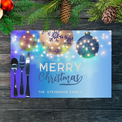 Blue Christmas Baubles and Lights Paper Placemat