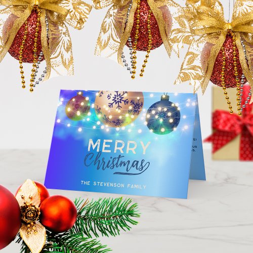 Blue Christmas Baubles Twinkling String Lights  Card