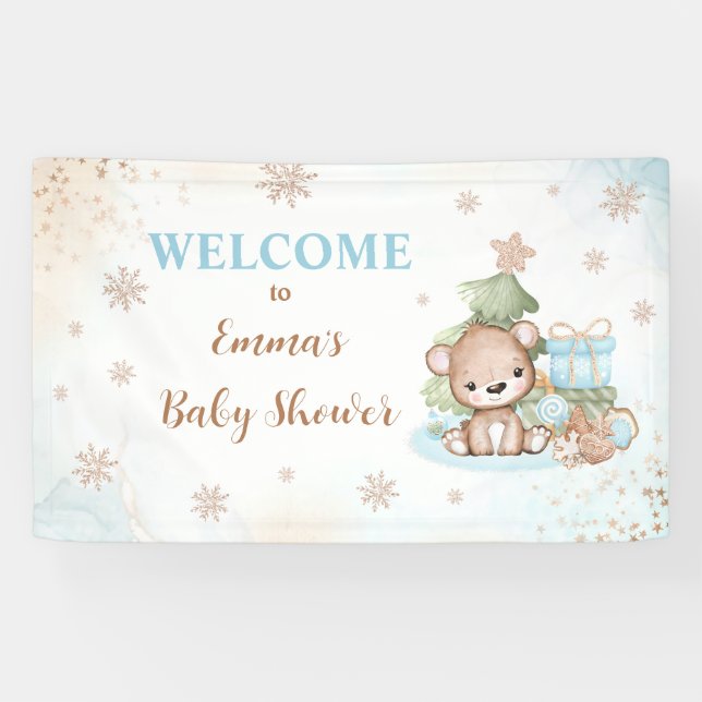 Blue Christmas Bear Boy Baby Shower Banner (Horizontal)