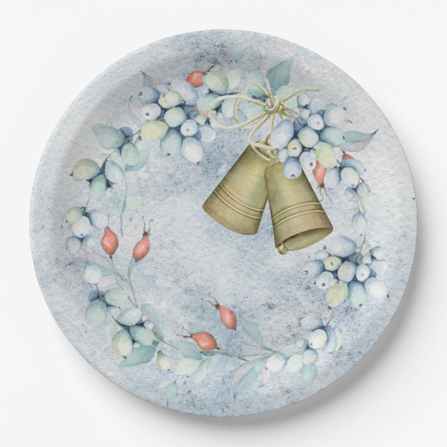Blue Christmas Bells Elegant Vintage Rustic Paper Plates (Front)