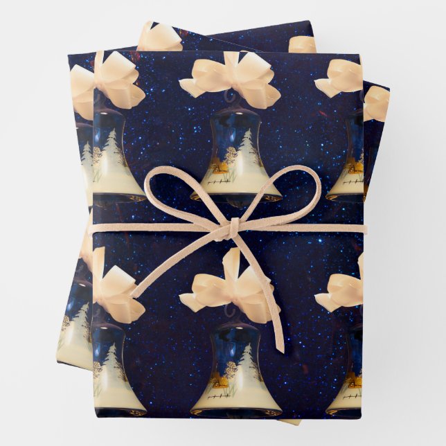 Blue Christmas Bells White Bow  Wrapping Paper Sheets (In situ)
