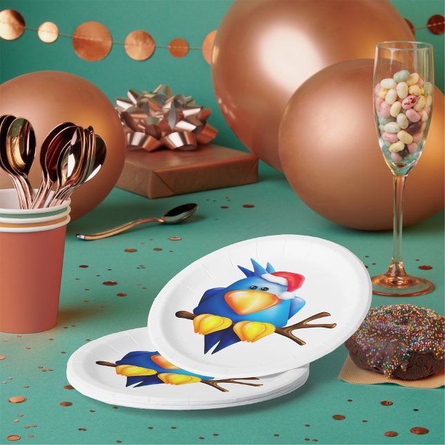 Blue Christmas Bird with Santa Hat Paper Plates (Creator Uploaded)