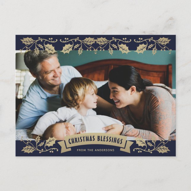 Blue Christmas Blessings Christian Photo Holiday Postcard (Front)