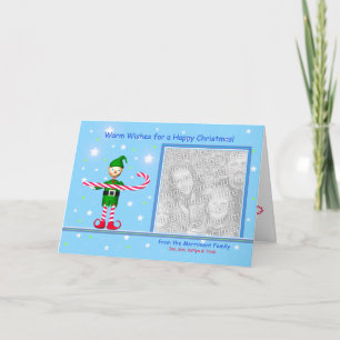 Blue Christmas Candy Cane Elf Photo Holiday Card