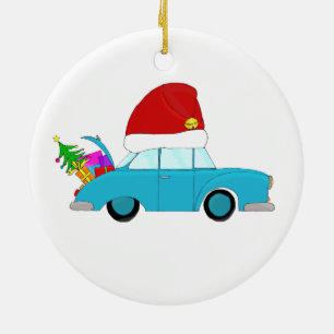 Blue Christmas car towing tree Ceramic Ornament