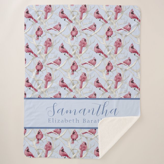 Blue Christmas Cardinal Bird Personalized Name Sherpa Blanket (Front)