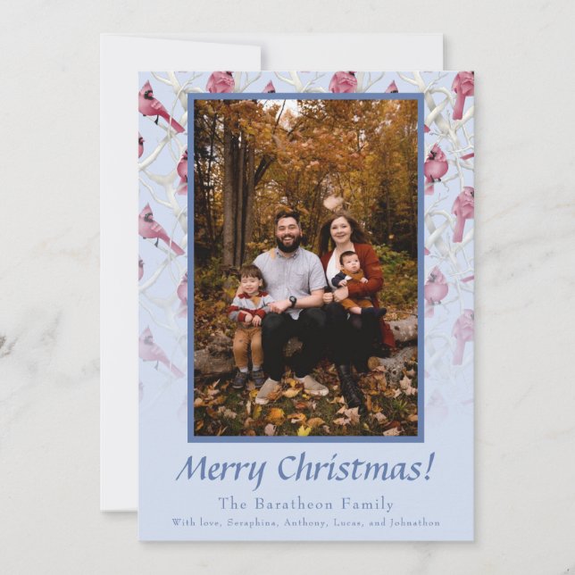 Blue Christmas Cardinal Personalized Family Holiday Card (Front)