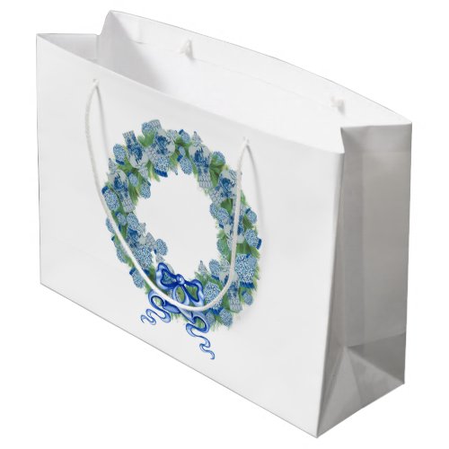 Blue Christmas Chinoiserie Wreath  tote  Large Gift Bag