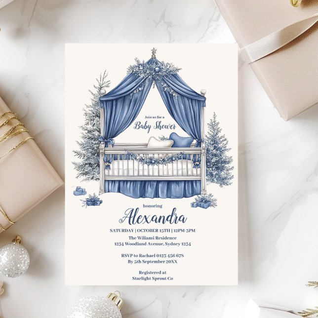 Blue Christmas Crib Baby Shower Invitation (Creator Uploaded)