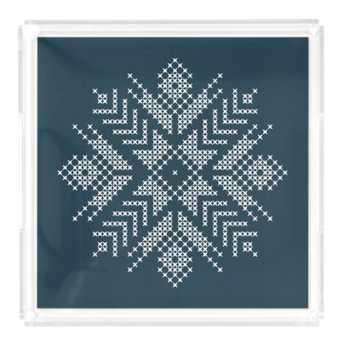 Blue christmas cross stitch winter snowflake   acrylic tray