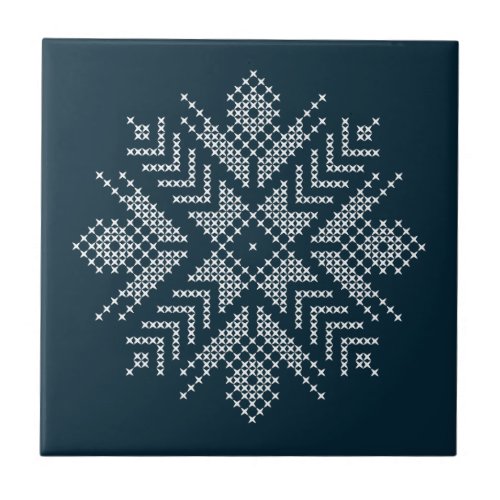 Blue christmas cross stitch winter snowflake  ceramic tile