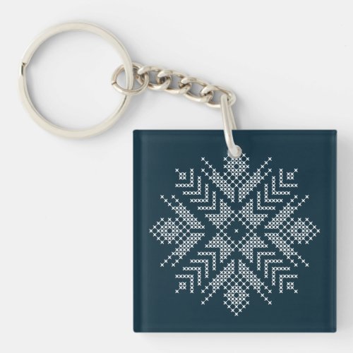 Blue christmas cross stitch winter snowflake  keychain