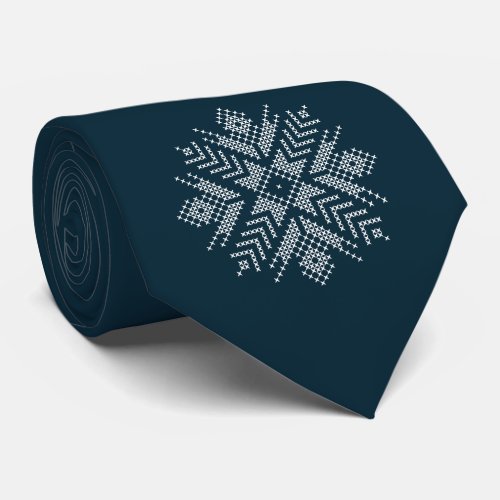 Blue christmas cross stitch winter snowflake  neck tie