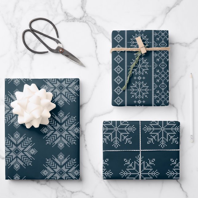 Blue christmas cross stitch winter snowflake wrapping paper sheets (Front)