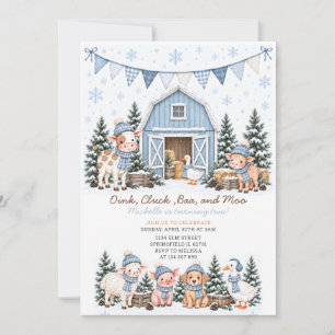 Blue Christmas Cute Farm Animal Winter Birthday Invitation
