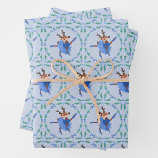 Blue Christmas Dancer the Reindeer Ballerina Wrapping Paper Sheets