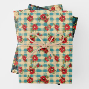 Blue Christmas Distressed Plaid Watercolor Florals Wrapping Paper Sheets