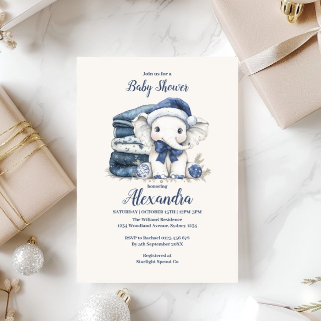Blue Christmas Elephant Baby Shower Invitation (Creator Uploaded)