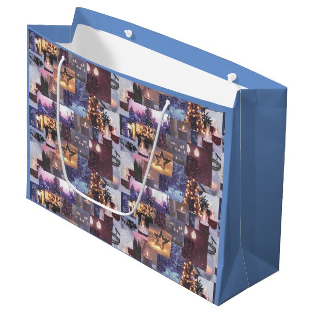 Blue Christmas Evening Snow Scenes and Lights Card Large Gift Bag (Front Angled)
