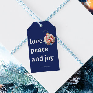 Blue Christmas Family Photo Love Peace Joy Gift Tags