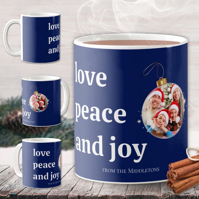 Blue Christmas Family Photo Love Peace Joy Holiday Coffee Mug (Creator Uploaded)