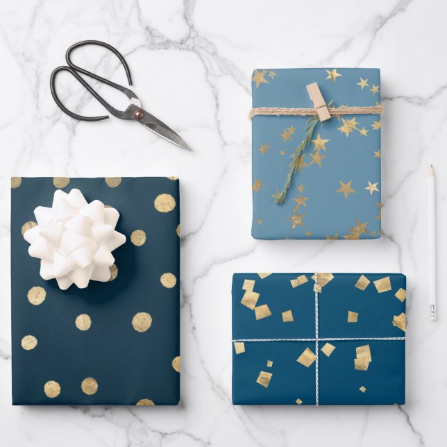 Blue Christmas Faux Gold Foil Holiday Wrapping Paper Sheets (Front)