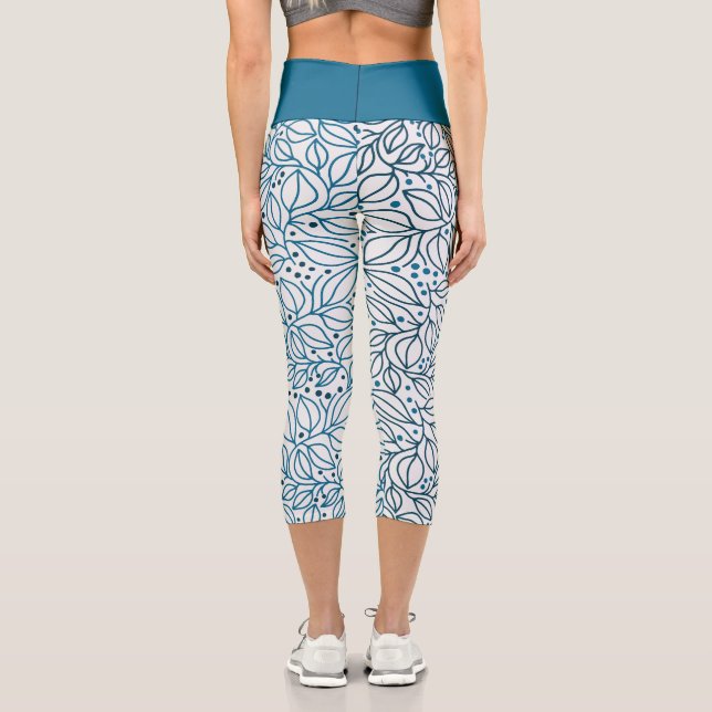 Blue Christmas Floral Pattern Capri Leggings (Back)