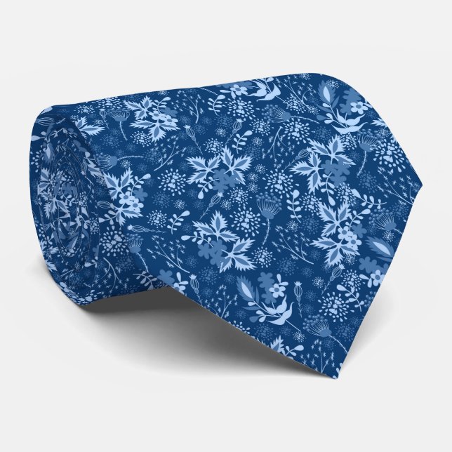 Blue Christmas floral pattern Neck Tie (Rolled)