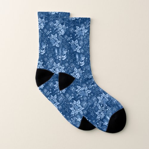 Blue Christmas floral pattern Socks