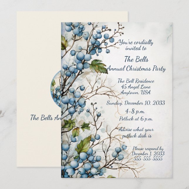Blue Christmas Flowers Annual Christmas Party   Invitation (Front/Back)