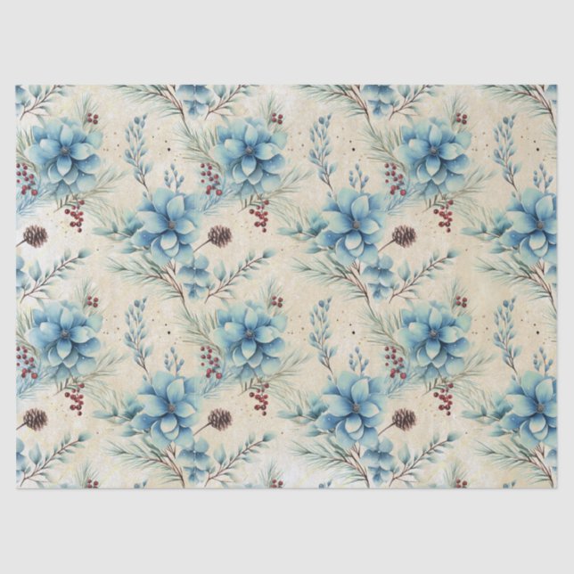 Blue Christmas Flowers Tissue Paper (Front)