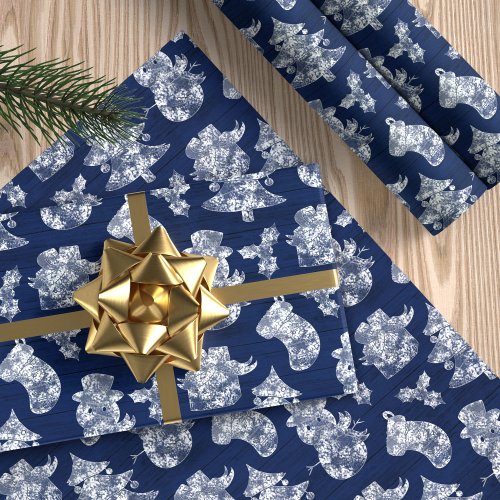 Blue Christmas Frost Snowman Rustic Wrapping Paper