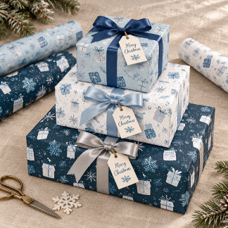 Blue Christmas Gift Set with Snowflakes & Presents Wrapping Paper Sheets