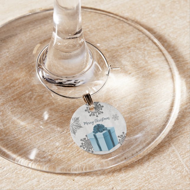 Blue Christmas Gift Wine Charm (In Situ)